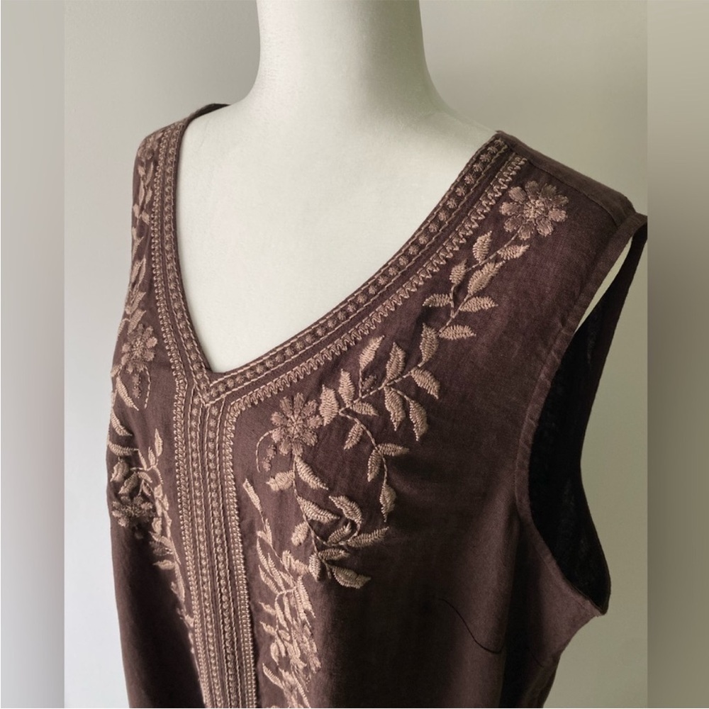 NWT- J. JILL 100% LINEN CHOCOLATE BROWN EMBROIDERED MAXI DRESS SIZE 2X - Picture 3 of 9